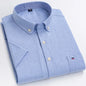 Men's 2026 pure cotton Oxford short sleeve shirt with plaid, stripe design, square collar, and single pocket for casual summer wear.