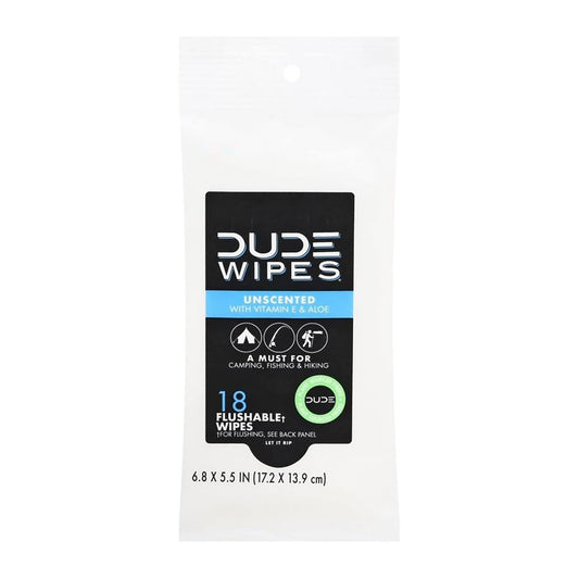 Pack of 18 DUDE Wipes by BACKUPMYFILESNOW.COM® in a white resealable package, designed for easy personal hygiene on the go.