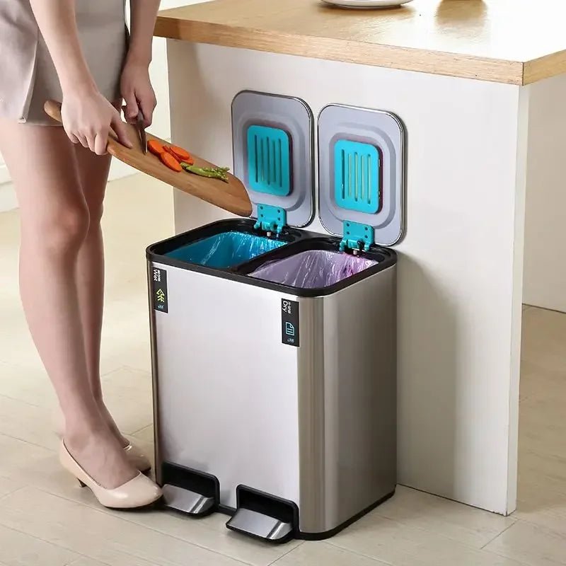 Stainless steel double 9L trash can with lid and pedal, suitable for kitchen, bathroom, or bedroom use.