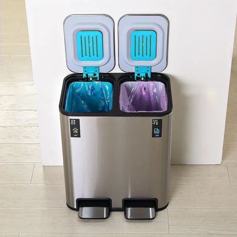 Stainless steel double 9L trash can with lid and pedal, suitable for kitchen, bathroom, or bedroom use, by BACKUPMYFILESNOW.COM®.