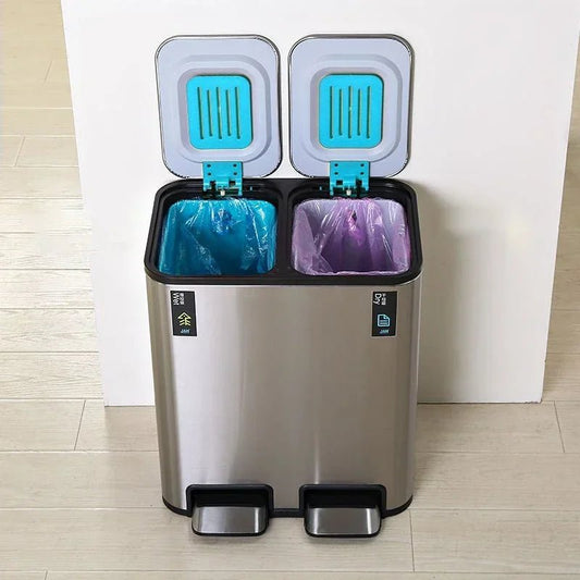 Stainless steel double 9L trash can with lid and pedal, suitable for kitchen, bathroom, or bedroom use, by BACKUPMYFILESNOW.COM®.