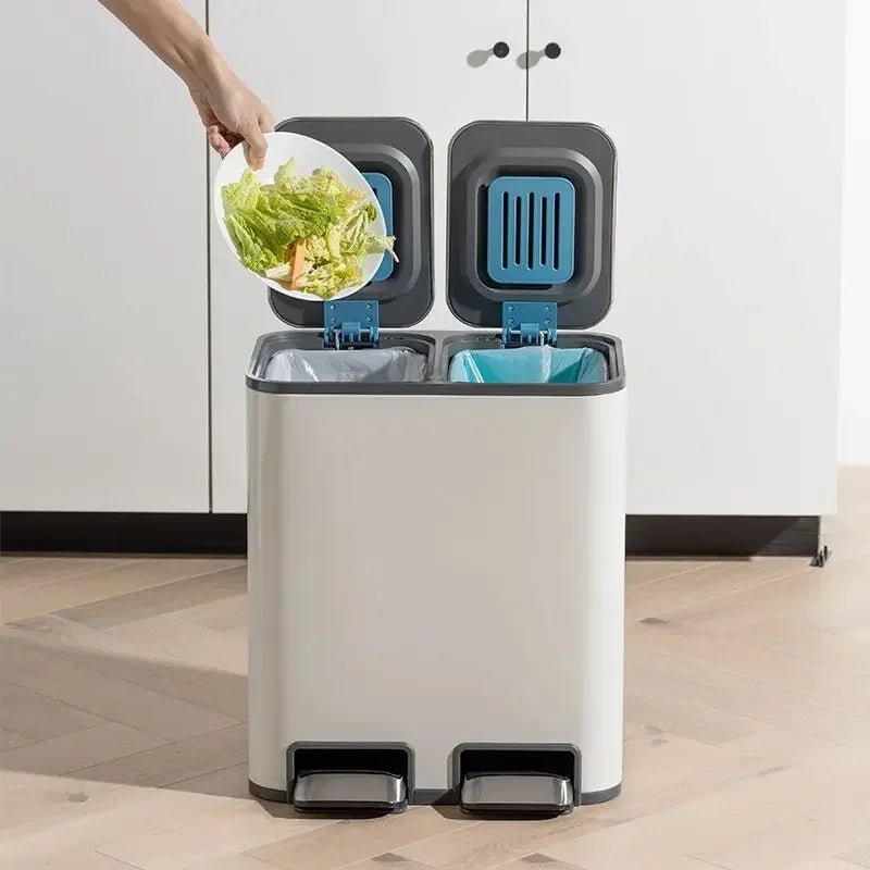 Stainless steel double trash can with 9L capacity, lid, and pedal for kitchen, bathroom, or bedroom use.