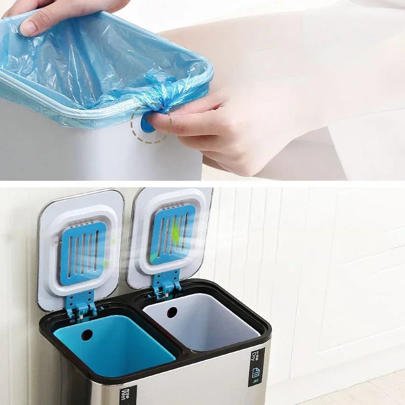 White stainless steel double 9L trash can with lid, pedal, ideal for kitchen, bathroom, or bedroom use.