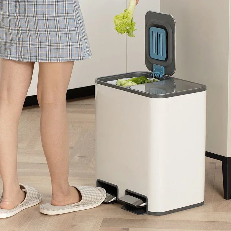 White stainless steel double trash can with 9L capacity, pedal lid, suitable for kitchen, bathroom, or bedroom use.