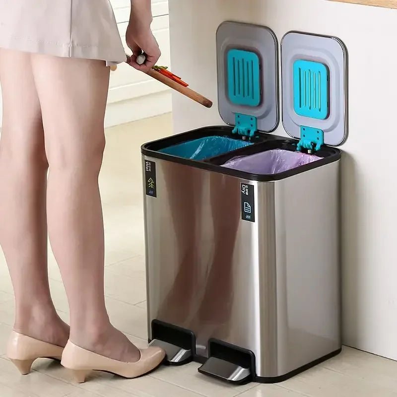 Stainless steel 9L+9L double kitchen trash can with lid and pedal, suitable for bathroom, bedroom, or toilet.