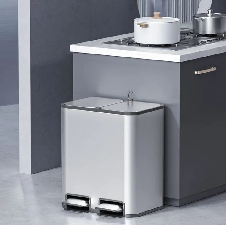 White stainless steel double 9L kitchen trash can with lid, pedal, suitable for bathroom, bedroom, or toilet use.