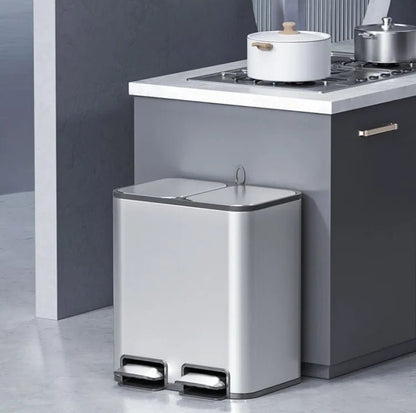 White stainless steel double 9L kitchen trash can with lid, pedal, suitable for bathroom, bedroom, or toilet use.