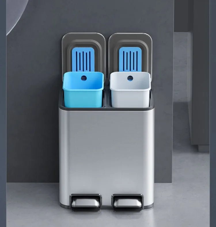 Stainless steel double 9L trash can with lid, pedal, suitable for kitchen, bathroom, bedroom, and toilet use.
