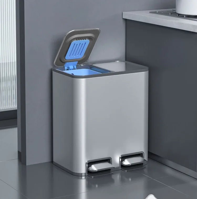 Stainless steel double trash can with 9L + 9L capacity, pedal lid, suitable for kitchen, bathroom, or bedroom use.