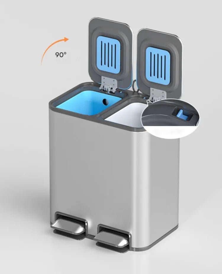 Stainless steel 9L+9L double kitchen trash can with lid and pedal, suitable for bathroom, bedroom, or toilet use.