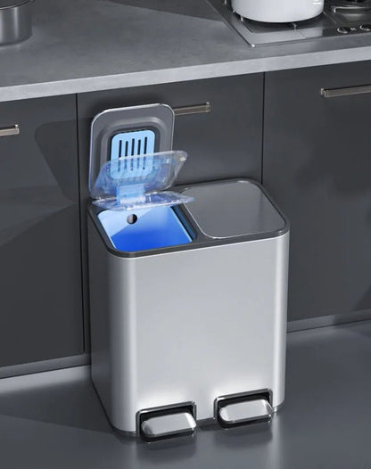 White stainless steel double trash can with 9L capacity and pedal lid, suitable for kitchen, bathroom, or bedroom use.