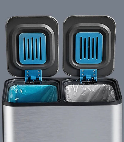 Stainless steel 9L+9L double kitchen trash can with lid and pedal, suitable for bathroom, bedroom, or toilet use.