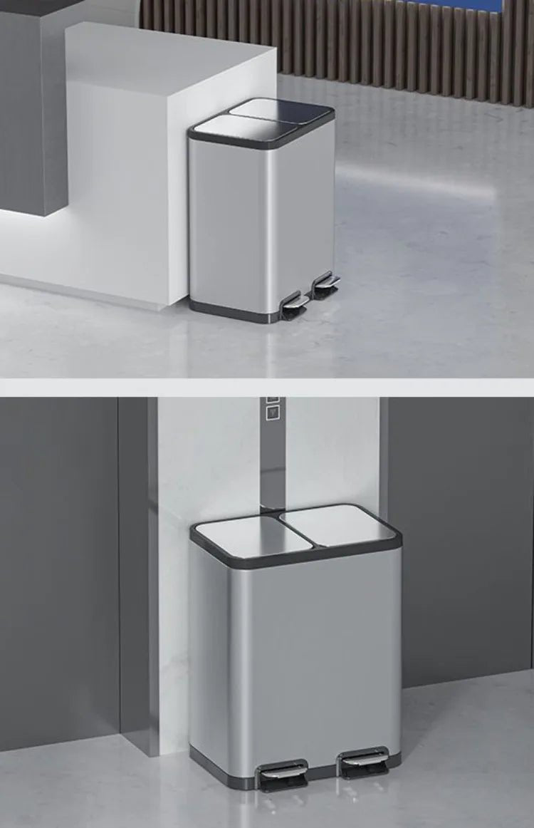 Stainless steel double 9L trash can with lid and pedal, ideal for kitchen, bathroom, or bedroom waste disposal.
