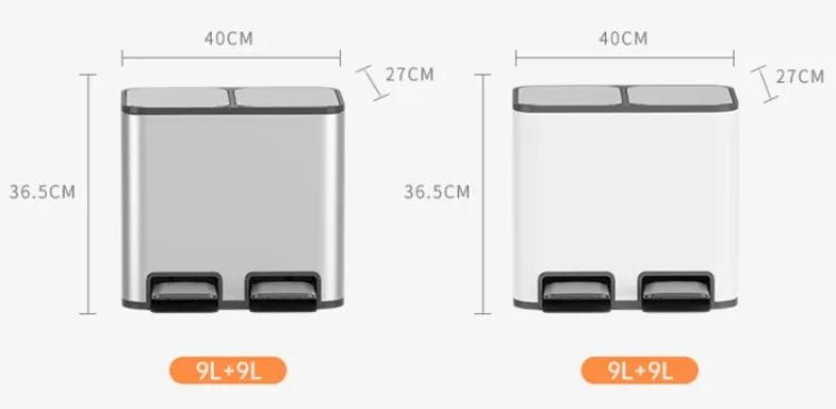 Stainless steel double 9L trash can with lid and pedal, suitable for kitchen, bathroom, or bedroom use.