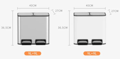 Stainless steel double 9L trash can with lid and pedal, suitable for kitchen, bathroom, or bedroom use.