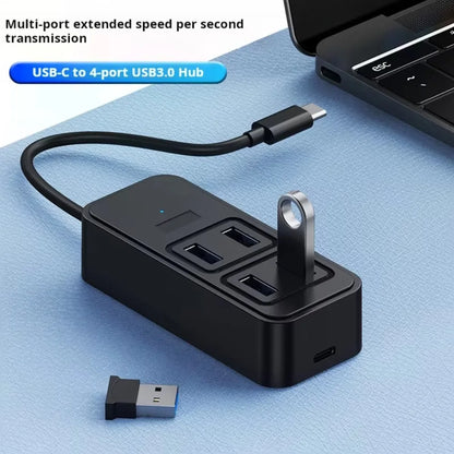 BackupMyFilesNow USB-C to 4-port USB 3.0 hub with DC power supply, high-speed data transfer, plug-and-play for laptops.