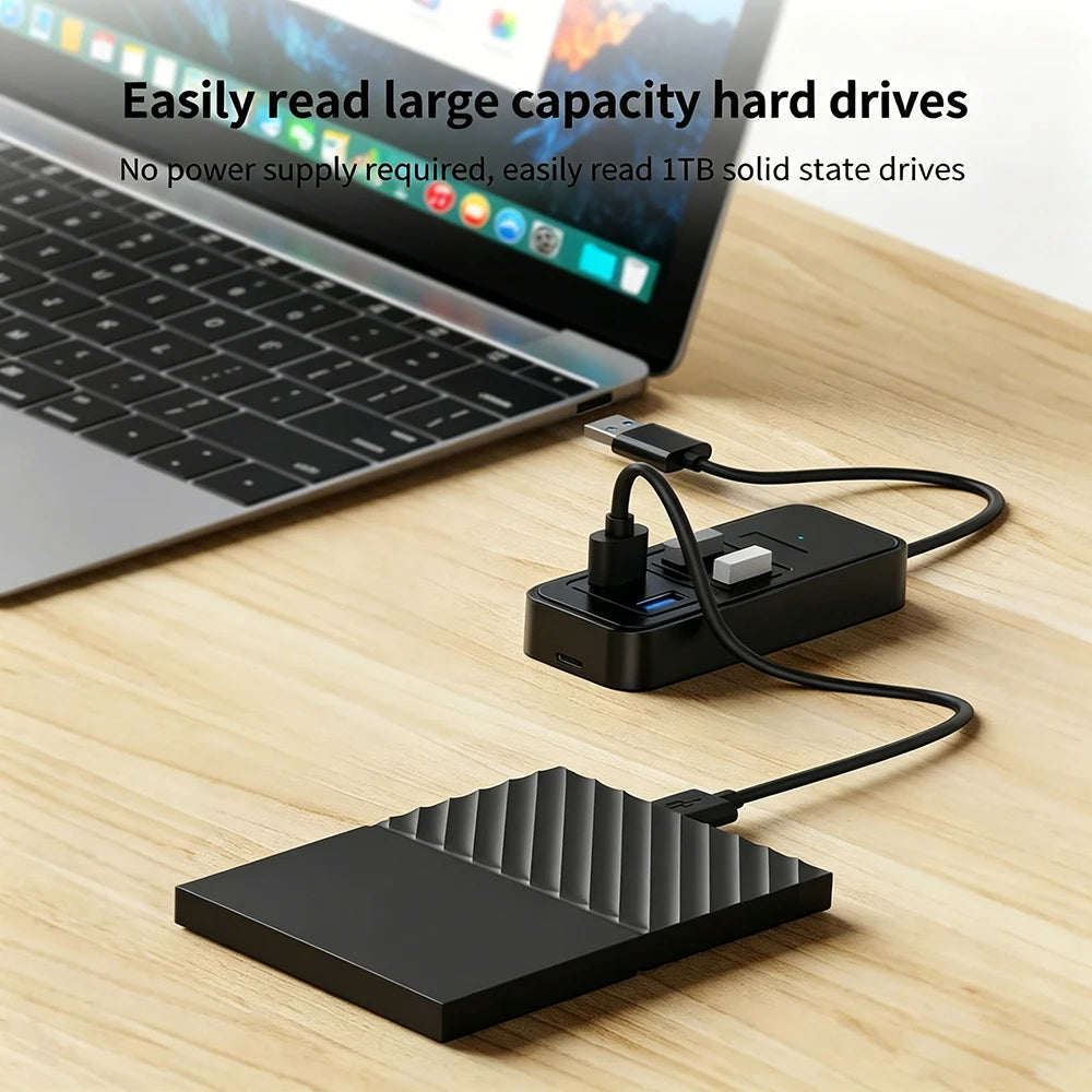 USB-C to 4-port USB 3.0 hub with power supply, high-speed data transfer, plug-and-play design for laptops.