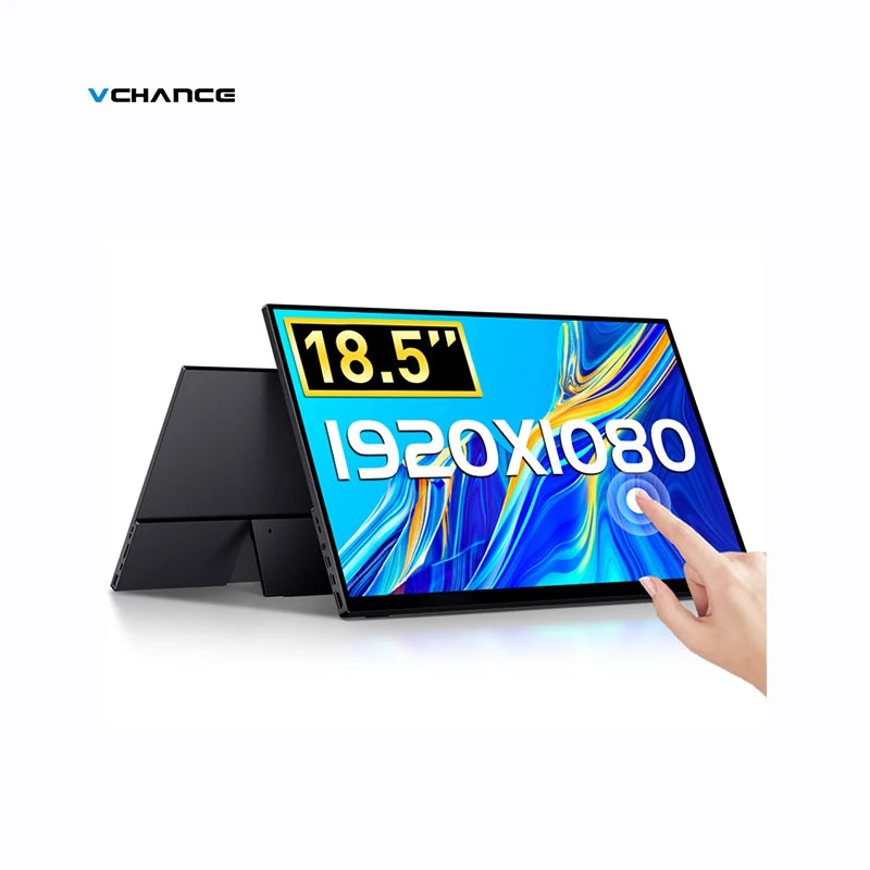 18.5-inch portable gaming monitor with IPS display, touchscreen, two speakers, aluminum frame, and stand, displaying vibrant visuals.