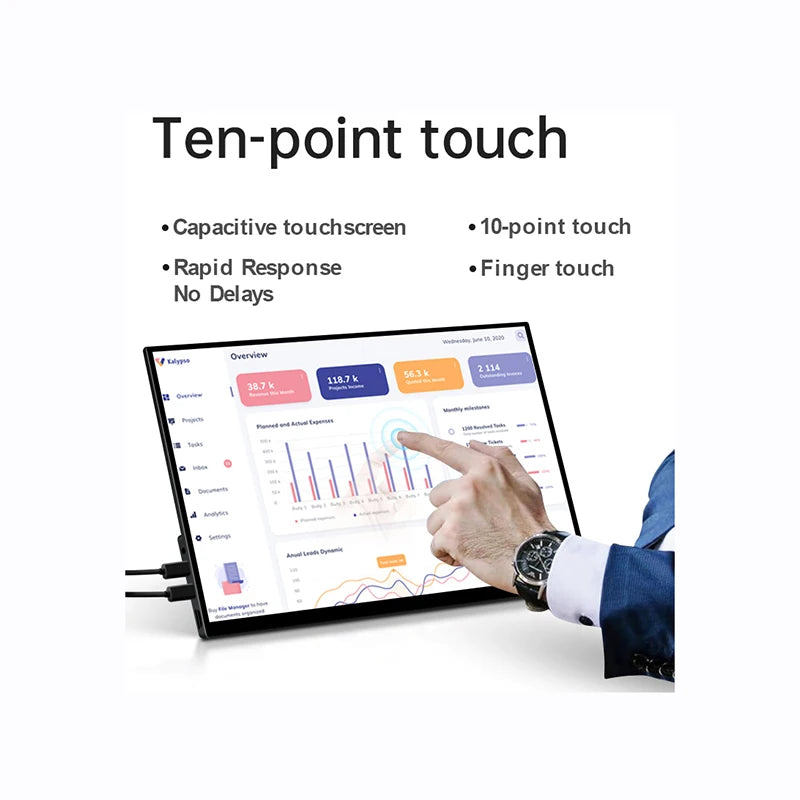 18.5-inch portable gaming monitor with IPS display, FHD resolution, aluminum alloy frame, touchscreen, two speakers, and stand.
