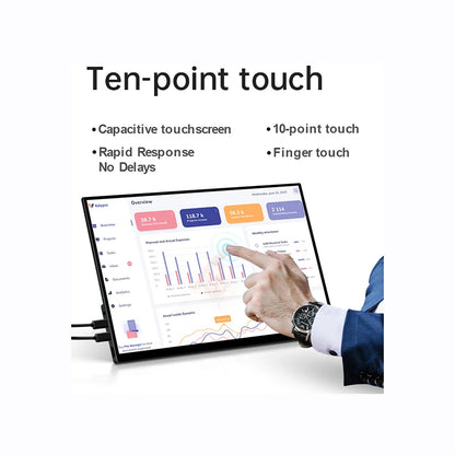 18.5-inch portable gaming monitor with IPS display, FHD resolution, aluminum alloy frame, touchscreen, two speakers, and stand.