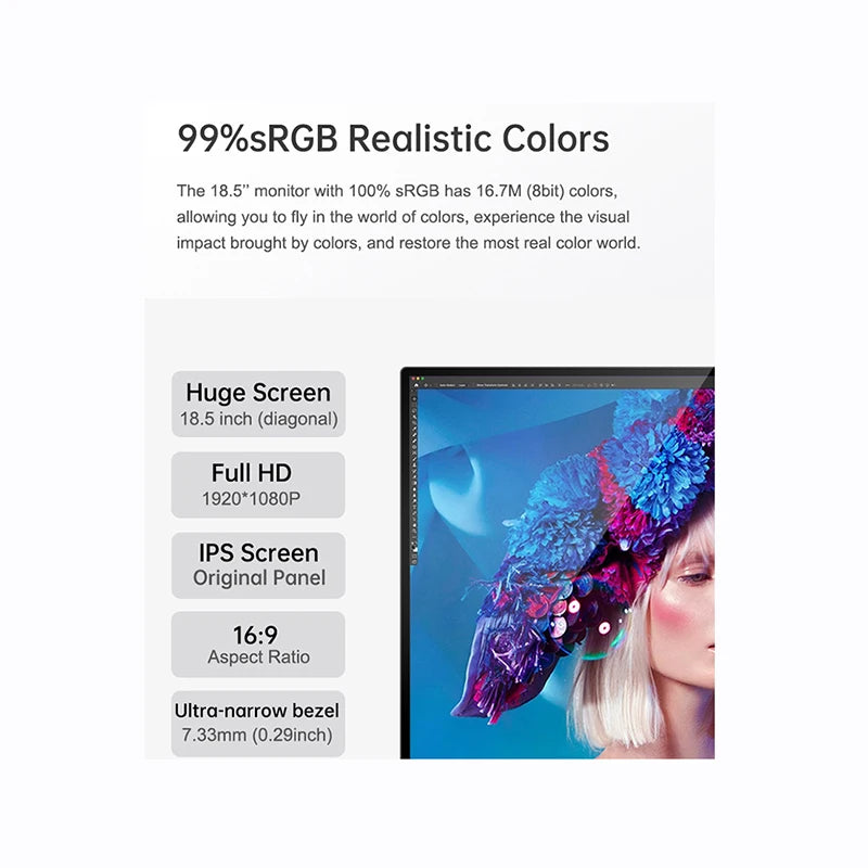 18.5-inch portable gaming monitor with IPS display, FHD resolution, touchscreen, aluminum alloy frame, built-in speakers, and stand.