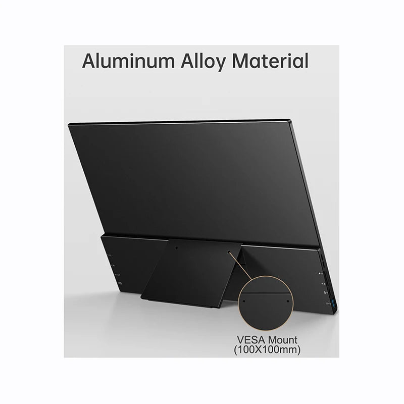 18.5-inch portable gaming monitor with IPS display, touchscreen, aluminum frame, dual speakers, and FHD resolution.