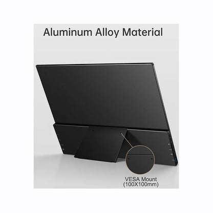 18.5-inch portable gaming monitor with IPS display, touchscreen, aluminum frame, dual speakers, and FHD resolution.