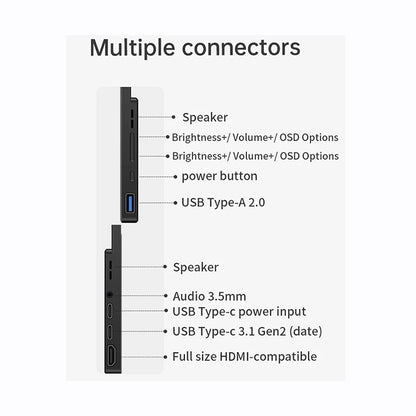 18.5-inch portable gaming monitor with IPS display, touchscreen, two speakers, aluminum frame, and stand, full HD 1920x1080 resolution.