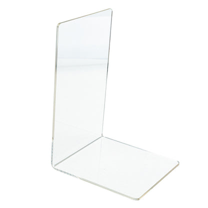 A clear acrylic desktop book stand from BACKUPMYFILESNOW.COM® holding an open book for easy reading and display.