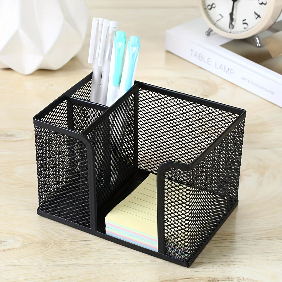 Black mesh pen holder desk organizer for office and school supplies, ideal for pencils, makeup, and small accessories.