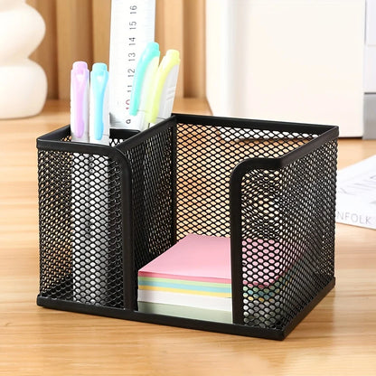 Black mesh pen holder desk organizer for office, school, and home use, suitable for pens, pencils, and makeup storage.