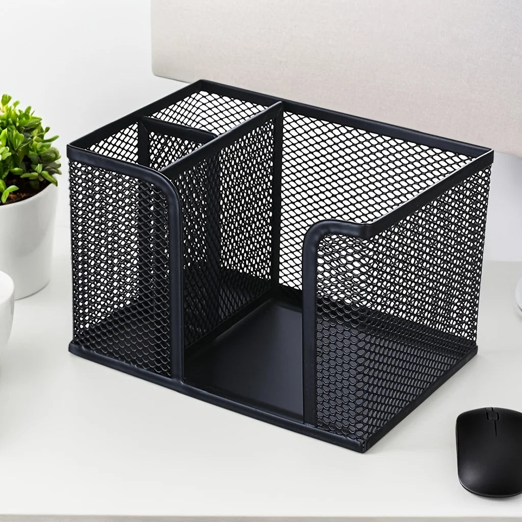 Black mesh pen holder from BackupMyFilesNow.com, desk organizer for office supplies, pencils, and makeup storage at home or school.