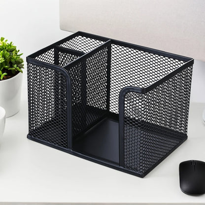 Black mesh pen holder from BackupMyFilesNow.com, desk organizer for office supplies, pencils, and makeup storage at home or school.