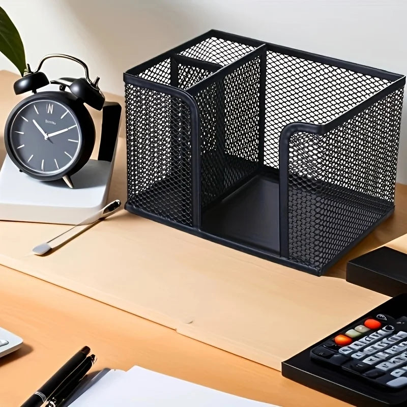 Black mesh pen holder by BackupMyFilesNow.com, desk organizer for pens, pencils, makeup, and office supplies.