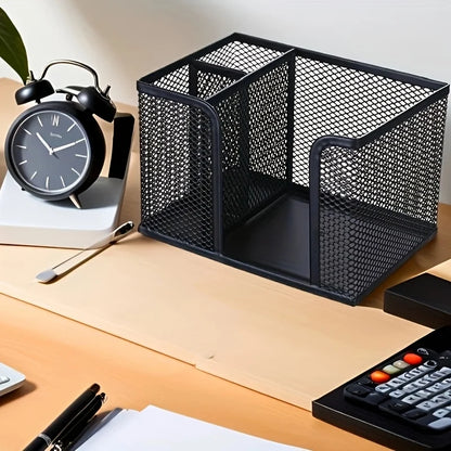 Black mesh pen holder by BackupMyFilesNow.com, desk organizer for pens, pencils, makeup, and office supplies.