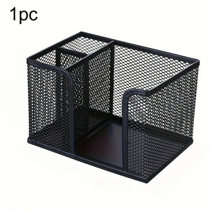 Black mesh pen holder desk organizer from BackupMyFilesNow.com, ideal for office, school, or makeup storage.