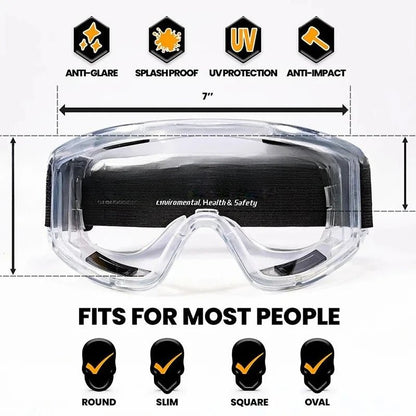 Clear anti-fog safety goggles with elastic strap by BACKUPMYFILESNOW.COM®, ideal for lab work, painting, cleaning, and gardening.