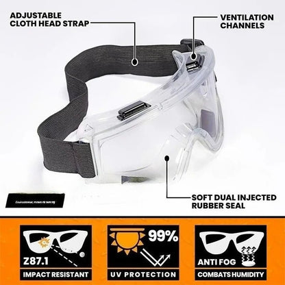 Clear anti-fog safety goggles with elastic strap by BACKUPMYFILESNOW.COM®, designed for lab work, painting, cleaning, and gardening.