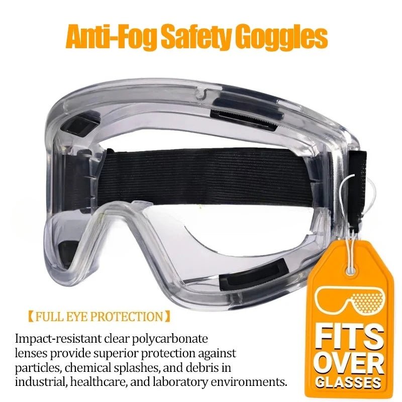 Clear anti-fog safety goggles with elastic strap for lab work, painting, cleaning, and gardening by BACKUPMYFILESNOW.COM®.