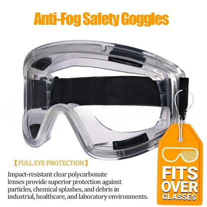 Clear anti-fog safety goggles with elastic strap for lab work, painting, cleaning, and gardening by BACKUPMYFILESNOW.COM®.