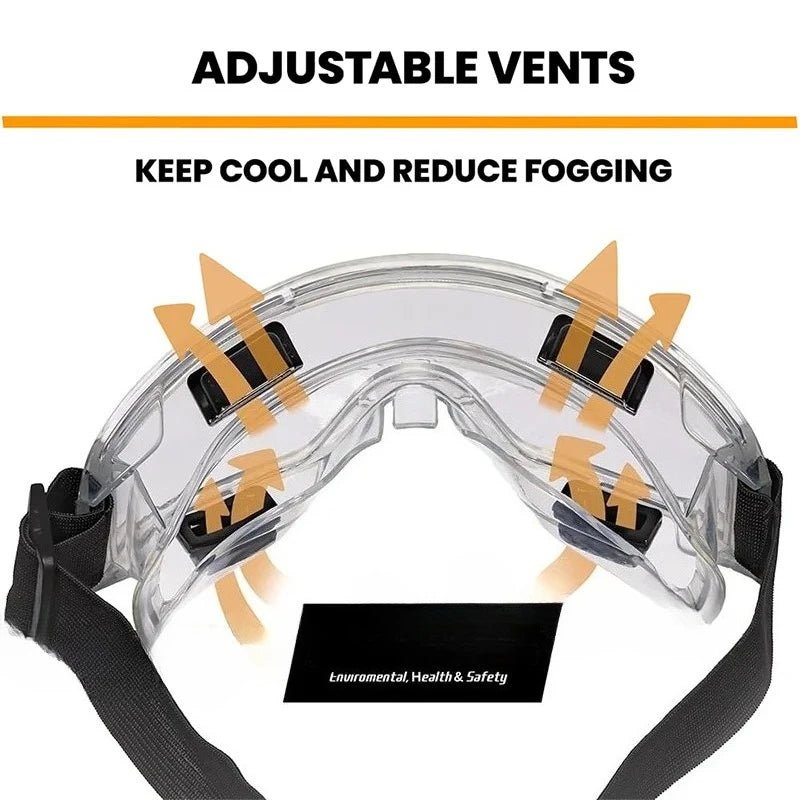 Clear anti-fog safety goggles with elastic strap by BACKUPMYFILESNOW.COM®, suitable for lab work, painting, cleaning, and gardening.
