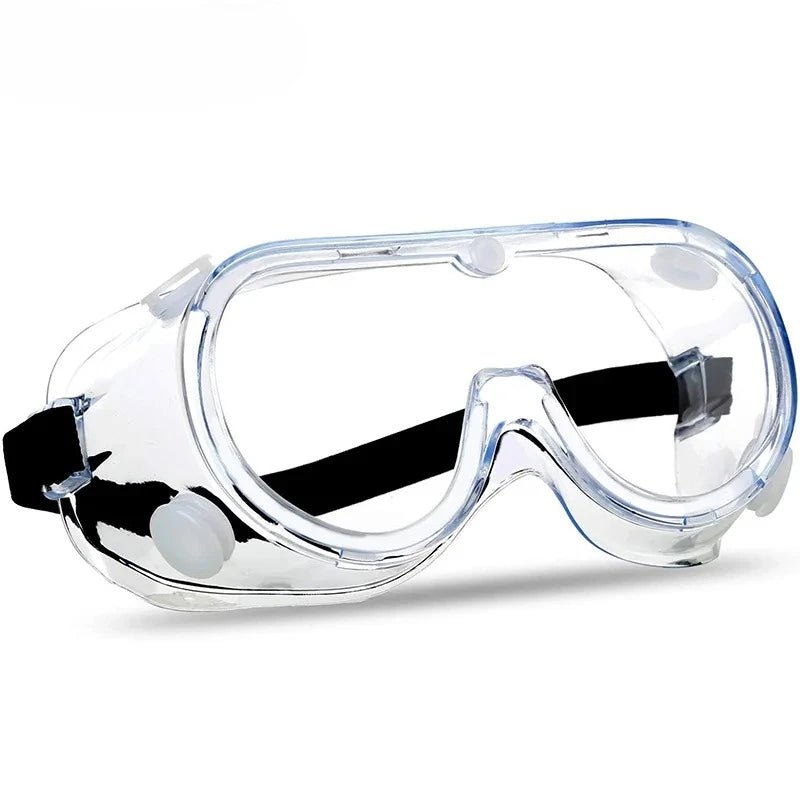 Clear anti-fog safety goggles with elastic strap, protective eye wear for lab work, painting, cleaning, and gardening by BACKUPMYFILESNOW.COM®.