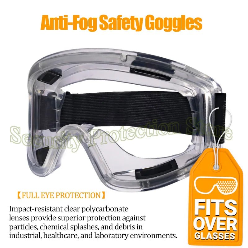 Clear anti-fog safety goggles with elastic strap, protective eye wear for lab work, painting, cleaning, and gardening by BACKUPMYFILESNOW.COM®