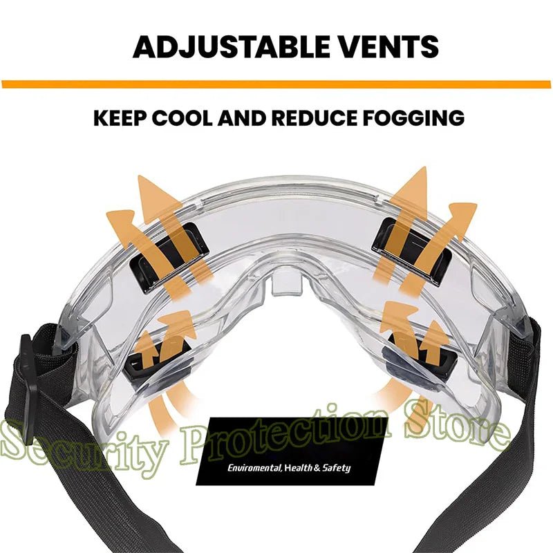 Clear anti-fog safety goggles with elastic strap from BACKUPMYFILESNOW.COM®, ideal for lab work, painting, cleaning, and gardening.
