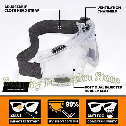 Clear anti-fog safety goggles with elastic strap, protective eye wear for lab work, painting, cleaning, and gardening by BACKUPMYFILESNOW.COM®.