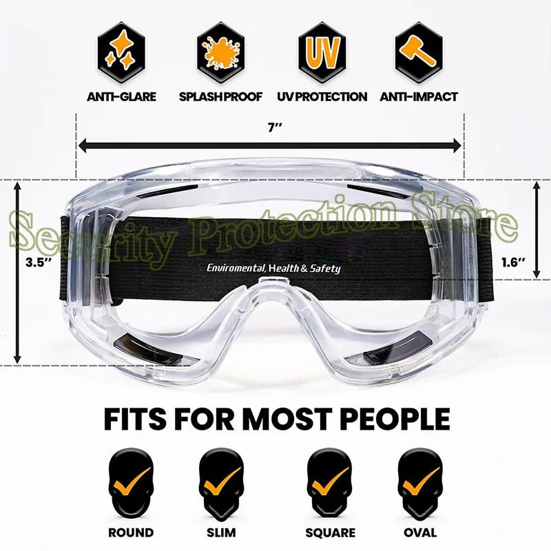Clear anti-fog safety goggles with elastic strap from BACKUPMYFILESNOW.COM®, designed for lab work, painting, cleaning, and gardening.