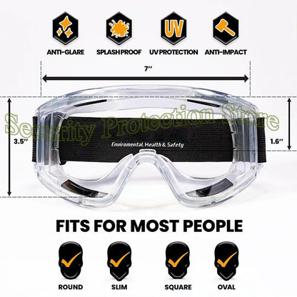Clear anti-fog safety goggles with elastic strap from BACKUPMYFILESNOW.COM®, designed for lab work, painting, cleaning, and gardening.