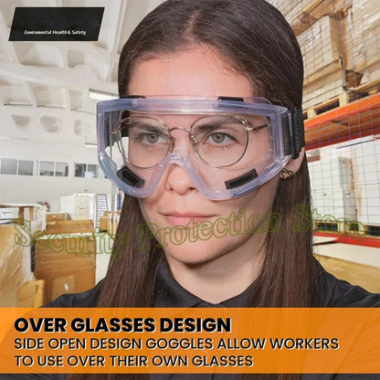 Clear anti-fog safety goggles with elastic strap, protective eye wear for lab work, painting, cleaning, and gardening by BACKUPMYFILESNOW.COM®