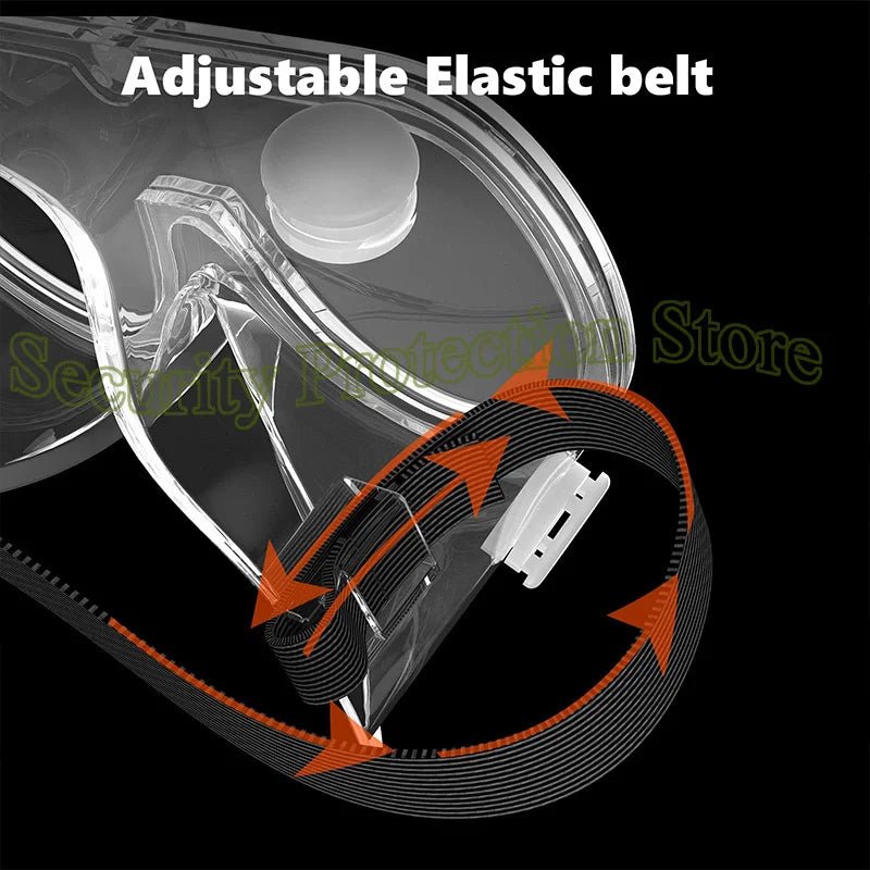 Clear anti-fog safety goggles with elastic strap, protective eye wear for lab work, painting, cleaning, and gardening by BACKUPMYFILESNOW.COM®.
