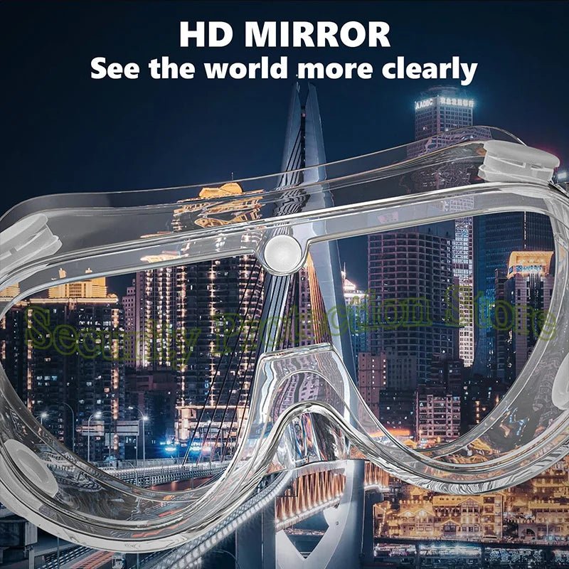 Clear anti-fog safety goggles with elastic strap, protective eye wear suitable for lab work, painting, cleaning, and gardening.
